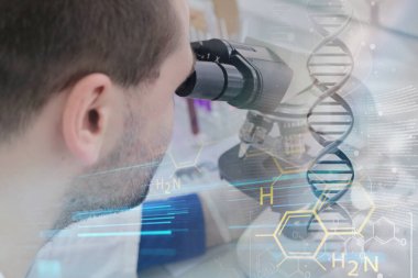 Genç erkek bilim adamı bir labradorun içinde mikroskoptan bakıyor.