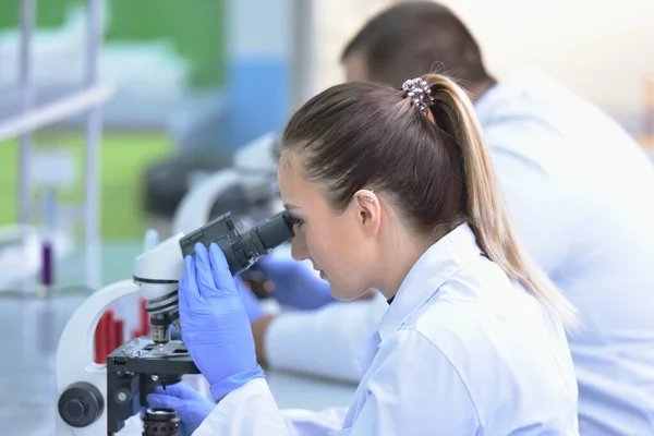 Deux jeunes scientifiques de laboratoire féminins et masculins travaillant au laboratoire w — Photo