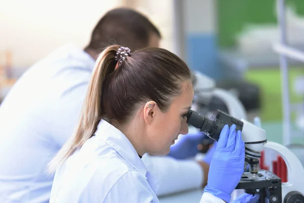 Δύο νεαρές γυναίκες και άνδρες εργαστηριακοί επιστήμονες που εργάζονται στο εργαστήριο — Φωτογραφία Αρχείου