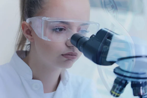 Jovem cientista do laboratório que trabalha em laboratório com tubos de ensaio — Fotografia de Stock