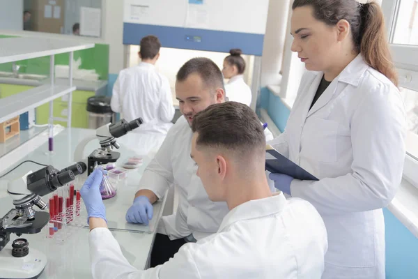 Grupo de jóvenes científicos de laboratorio que trabajan en el laboratorio con test tu —  Fotos de Stock