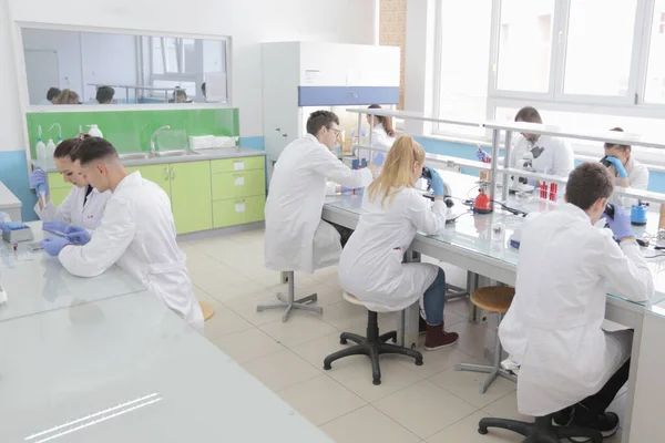 Gruppe junger Laboranten arbeitet im Labor mit Test tu — Stockfoto