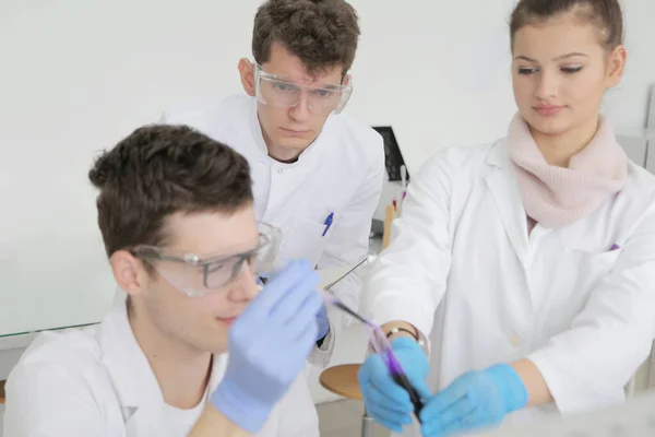 Groupe de jeunes scientifiques de laboratoire travaillant au laboratoire avec test tu — Photo