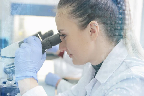 年轻的女科学家在实验室的显微镜下观察 — 图库照片