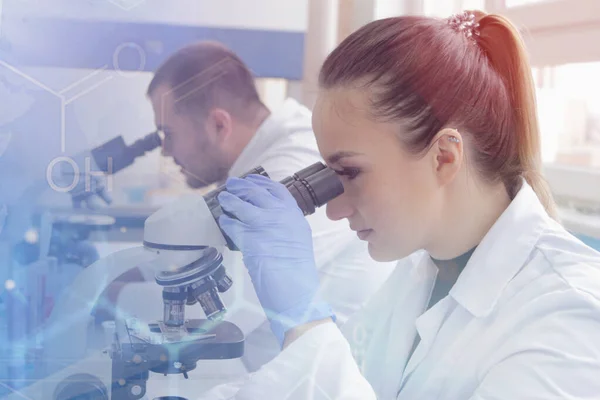 Two young Laboratory scientists working at lab with test tubes a — Stock Photo, Image