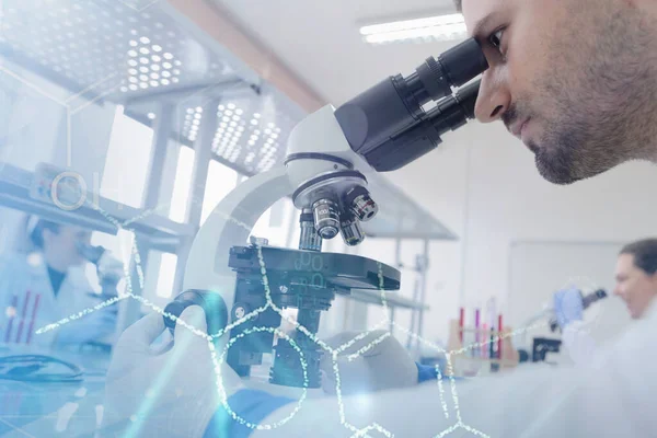 Laboratuvarda test tu ile çalışan bir grup genç bilim adamı.