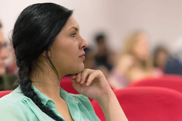 Beautiful female student listen carefully during seminar. Study — Stock Photo, Image