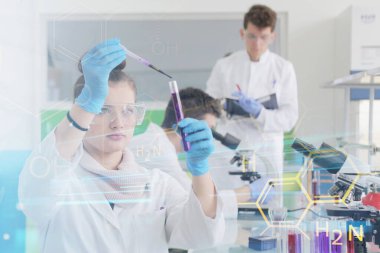 Laboratuvarda test tu ile çalışan bir grup genç bilim adamı.