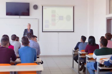 Çekici kadın profesör öğrencilere ve öğrencilere ders veriyor.