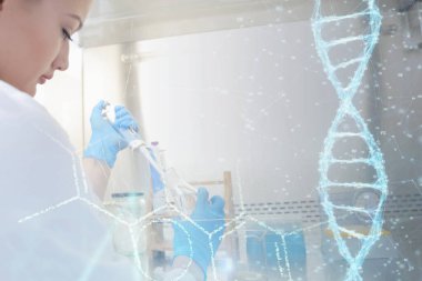 Laboratuvarda test tüpleriyle çalışan genç kadın laboratuvar bilim adamı.