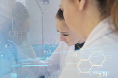 Laboratuvarda test için çalışan iki genç kadın bilim adamı. 