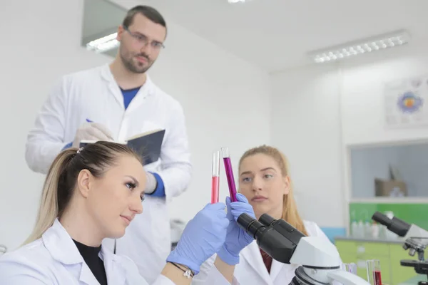 Gruppo di giovani scienziati di laboratorio che lavorano in laboratorio con test tu — Foto Stock