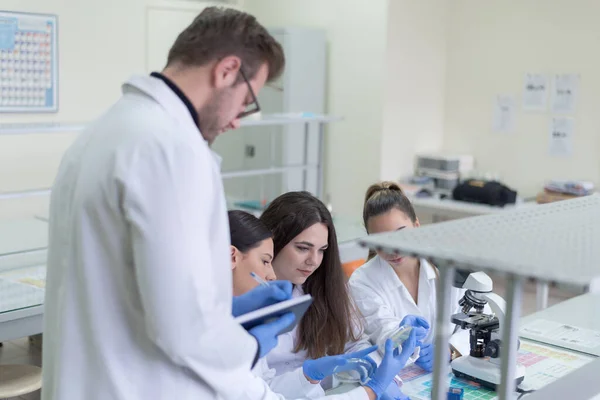 Groupe Scientifiques Laboratoire Travaillant Laboratoire Avec Des Éprouvettes Des Essais — Photo