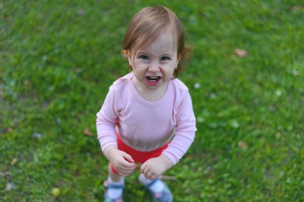 Bedårande Glad Liten Flicka Som Har Roligt Parken Gräs Spelar — Stockfoto