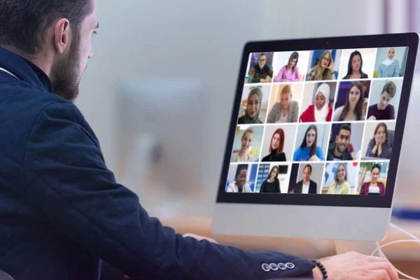 Online Fernlernen Lehrer Mit Computer Mit Videokonferenz Chat Mit Schüler — Stockfoto