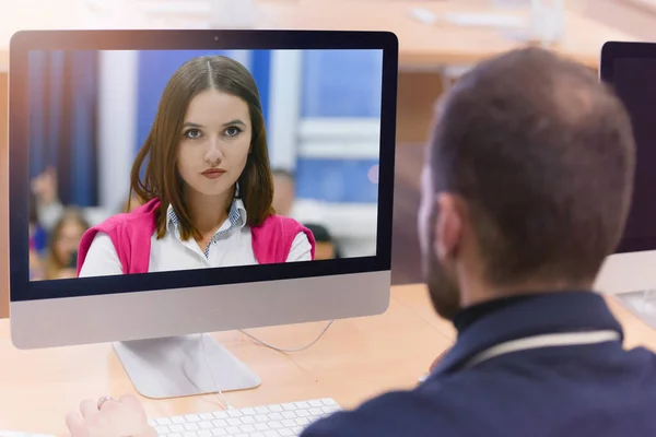 Online Távoktatás Digitális Videokonferencia Chat Diákokkal Tanítás Tanulás Otthonról Karantén — Stock Fotó