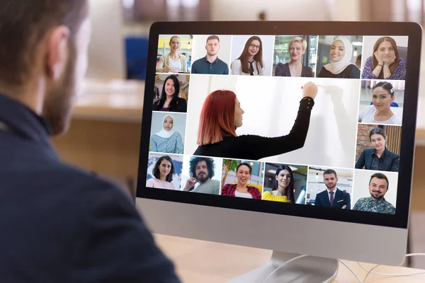 Fjärrundervisning Online Digital Videokonferenschatt Med Student Undervisning Och Inlärning Hemifrån — Stockfoto