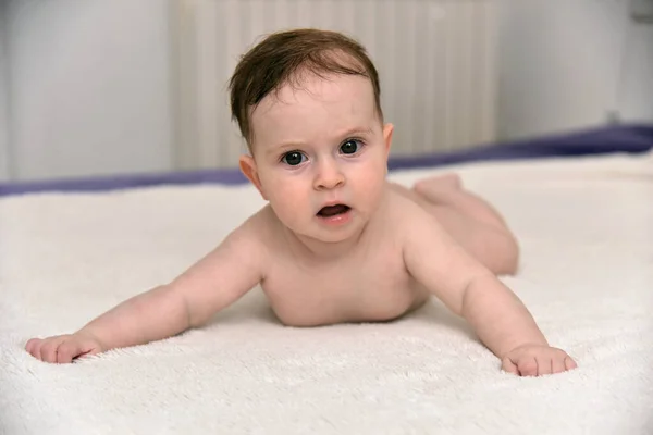 Feliz Bebê Três Meses Idade Fundo Branco Menina Deitada Barriga — Fotografia de Stock