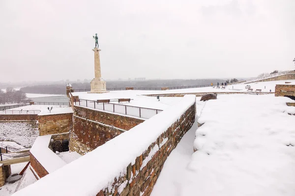 Widok Pomnika Belgradzie Victor Pod Śniegiem — Zdjęcie stockowe