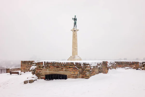 Widok Pomnika Belgradzie Victor Pod Śniegiem Uwaga Płytkiej Głębi Ostrości — Zdjęcie stockowe