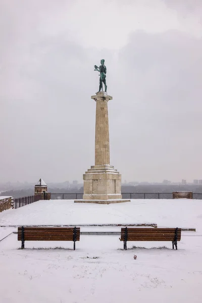 Widok Pomnika Belgradzie Victor Pod Śniegiem — Zdjęcie stockowe