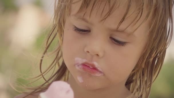 Adorable Little Girl Eating Ice Cream Beach Slow Motion — Stock Video