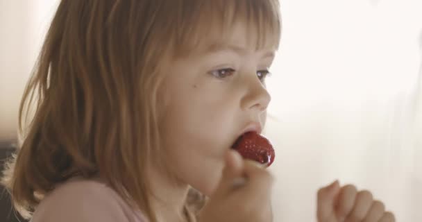Primer Plano Linda Niña Comiendo Fresas Sala Estar Viendo Tableta — Vídeos de Stock