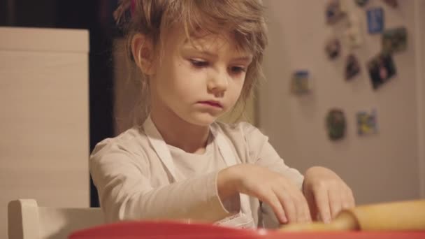 Charming Little Girl Making Biscuits Kitchen Table Her Mother — Stock Video
