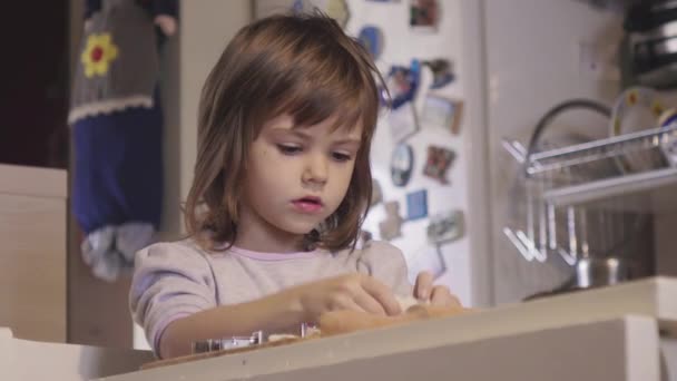 Charming Little Girl Making Biscuits Kitchen Table Her Mother — Stock Video