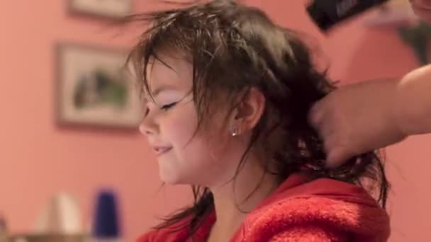 Single Mother Drying Hair Her Adorable Daughter Bathrobe Selective Focus — Stock Video