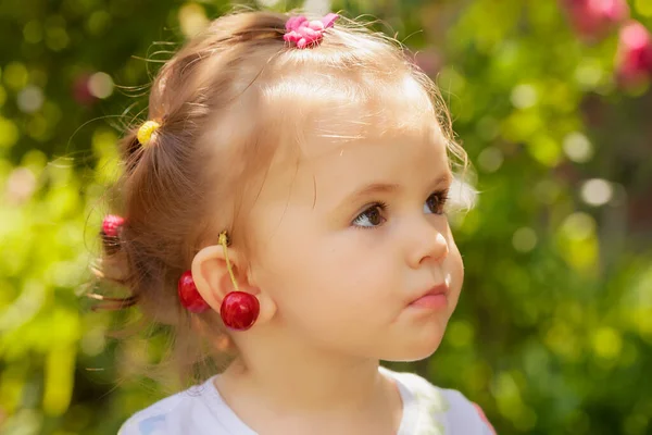 Kind Und Kirsche Wie Ohrringe Der Natur Geringe Schärfentiefe Beachten — Stockfoto