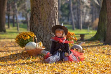 Etrafında sonbahar süslemeleri olan cadı gibi giyinmiş küçük bir kız.