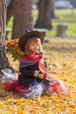 Etrafında sonbahar süslemeleri olan cadı gibi giyinmiş küçük bir kız.