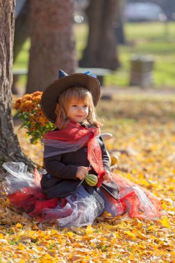 Etrafında sonbahar süslemeleri olan cadı gibi giyinmiş küçük bir kız.