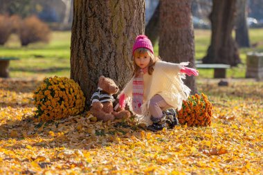 Sonbahar ormanında ayısıyla küçük bir kız.