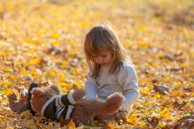 Küçük kız ayısıyla sonbahar yapraklarında oturuyor.
