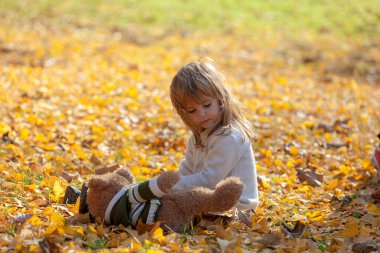 Küçük kız ayısıyla sonbahar yapraklarında oturuyor.