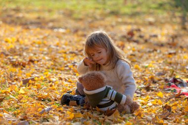 Küçük kız ayısıyla sonbahar yapraklarında oturuyor.
