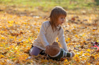 Küçük kız ayısıyla sonbahar yapraklarında oturuyor.