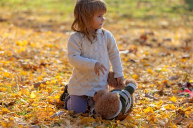 Küçük kız ayısıyla sonbahar yapraklarında oturuyor.