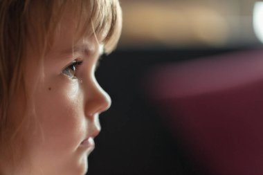 Çizgi film ararken profilden bir çocuğun görüntüsü, alanın derinliğine dikkat edin