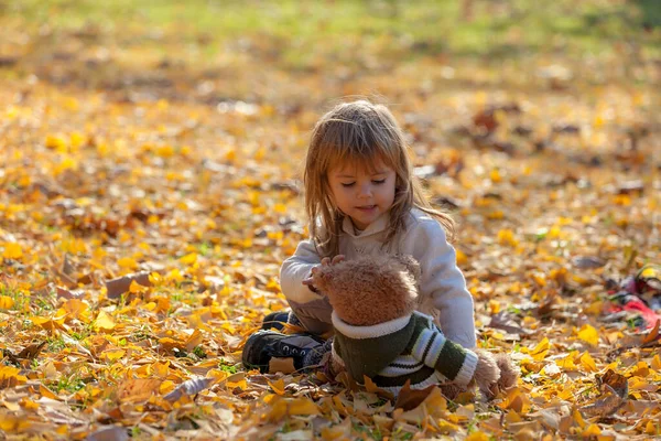Küçük kız ayısıyla sonbahar yapraklarında oturuyor.