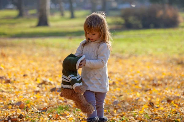 Ayısıyla sonbahar yapraklarında yürüyen küçük kız.