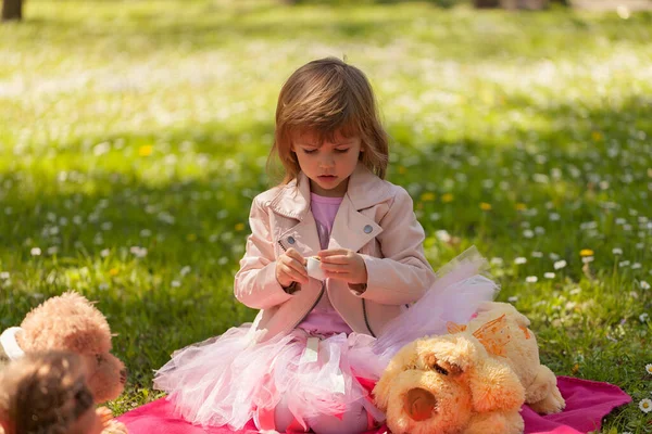 Uma Menina Com Seus Brinquedos Piquenique — Fotografia de Stock