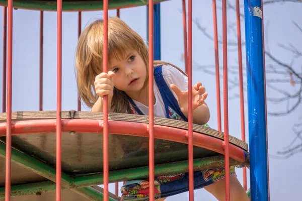 Une Petite Fille Dans Parc Sur Équipement Pour Escalade — Photo