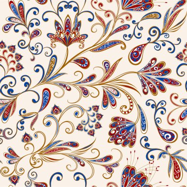 Dekoratif çiçekli, yapraklı ve doğu tarzında desenli soyut vintage desen.