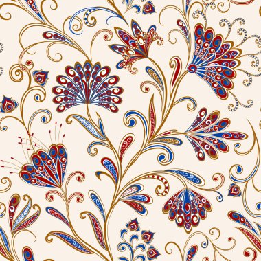 Dekoratif çiçekli, yapraklı ve doğu tarzında desenli soyut vintage desen.