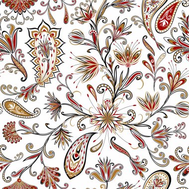 Dekoratif çiçekli, yapraklı ve doğu tarzında desenli soyut vintage desen.