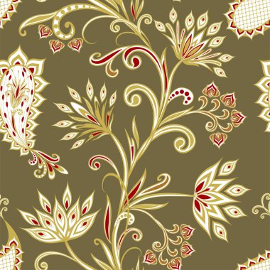 Dekoratif çiçekli, yapraklı ve doğu tarzında desenli soyut vintage desen.