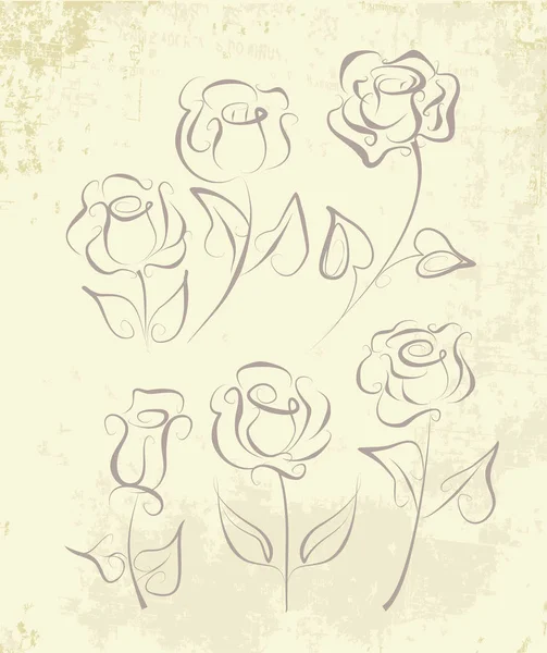 Набір Троянд Намальований Ручці Чорнилі Графічні Троянди Ізольовані Старому Гранжевому — стоковий вектор